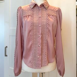 Pastel Pink & Pearl Button Down Shirt Scalloped Top Small
